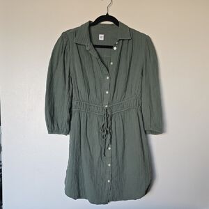 GAP Olive Green Button-Front Drawstring Waist Long Sleeve Dress